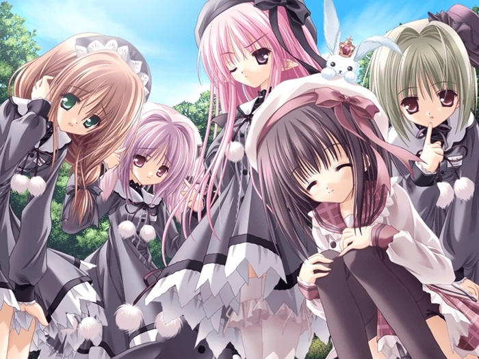 5girls, adjusting_hair, animal_ears, beret, black_hair, black_legwear, braid, brown_hair