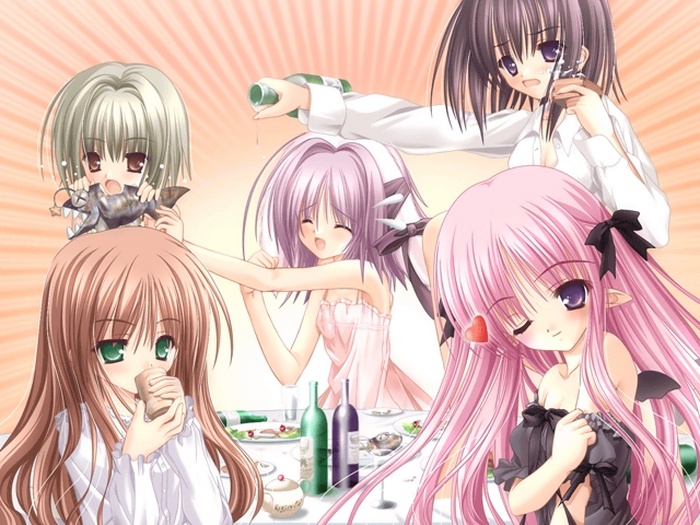 5girls, alcohol, animal_ears, bat_wings, black_hair, blush, bottle, brown_hair
