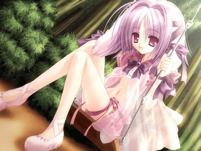 1girl, animal_ears, farfa, flat_chest, game_cg, lavender_hair, magical_tale, midriff