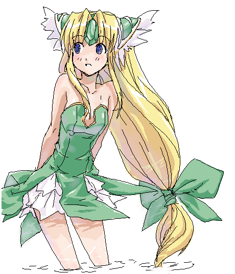 1girl, bare_shoulders, blonde_hair, blue_eyes, bow, cowboy_shot, green_bow, green_shirt