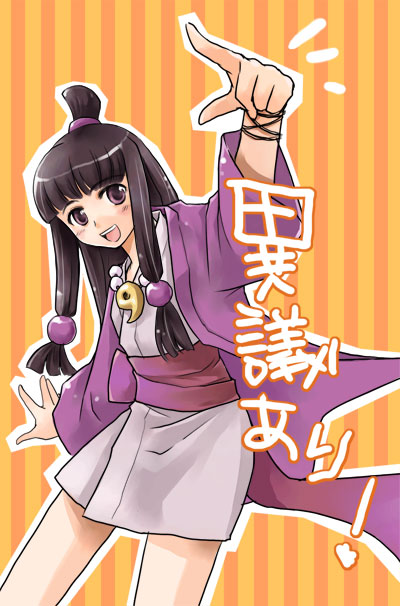 1girl, :d, ayasato_mayoi, azuma_shouko, black_hair, brown_eyes, capcom, cowboy_shot