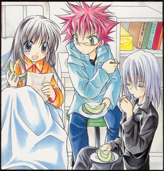 >:d, 00s, 1boy, 2girls, :d, asazuki_kousuke, bed, blanket