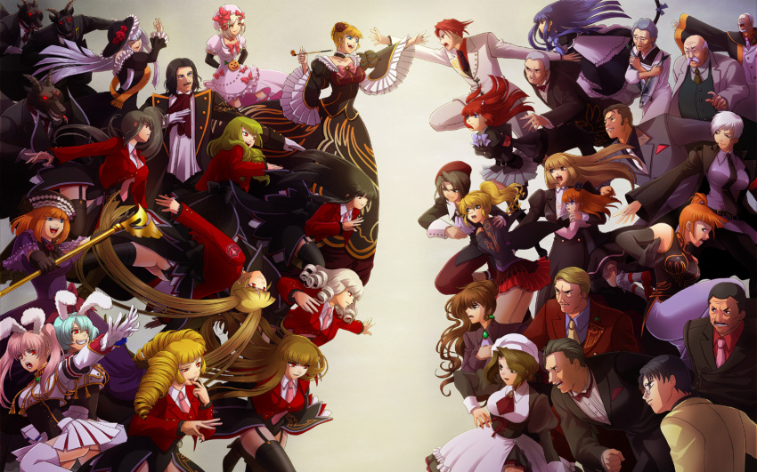 asmodeus, bad_id, beatrice, beelzebub, belphegor, bernkastel, black_hair, blonde_hair, blue_hair, bow, bunny_ears, choker, closed_eyes, couple, dress, eva-beatrice, eva_beatrice, everyone, frederica_bernkastel, frills, goatman, gouda_toshirou, green_hair, group, hair_bobbles, hair_ornament, hat, highres, hug, jacket, kanon_(character), kanon_(umineko), kumasawa_chiyo, lambdadelta, leviathan, leviathan_(umineko), long_hair, lucifer, maid, mammon, moco+, opposing_sides, orange_hair, parody, persona, persona_3, pink_hair, red_hair, ronoue_genji, ronove, satan, shannon, short_hair, showdown, siesta410, siesta45, siesta_sisters, silver_hair, skirt, smile, socks, staff, stakes_of_purgatory, terumasa_nanjo, thighhighs, toshiro_gohda, twintails, umineko_no_naku_koro_ni, ushiromiya_ange, ushiromiya_battler, ushiromiya_eva, ushiromiya_george, ushiromiya_hideyoshi, ushiromiya_jessica, ushiromiya_kinzo, ushiromiya_kinzou, ushiromiya_krauss, ushiromiya_kyrie, ushiromiya_maria, ushiromiya_natsuhi, ushiromiya_rosa, ushiromiya_rudolf, virgilia, when_they_cry_3