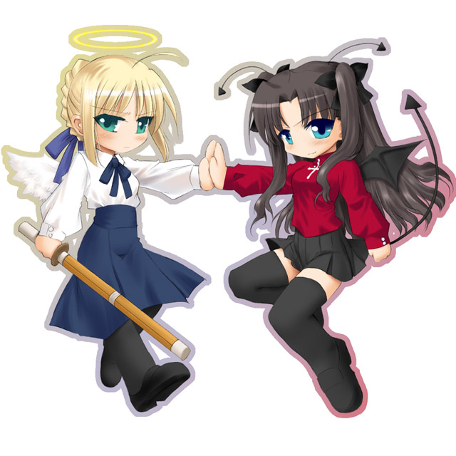 2girls, angel, angel_and_devil, blonde_hair, chibi, demon, devil, fate/stay_night