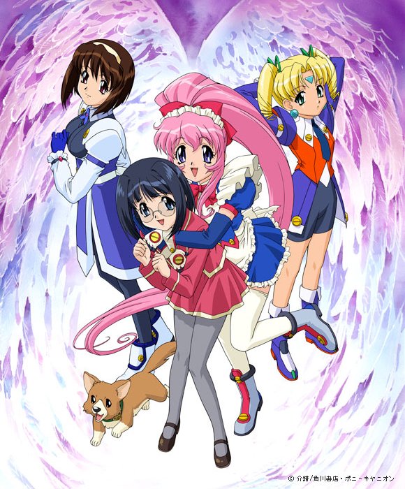 4girls, :d, angel_wings, apron, arms_behind_head, bangs, bike_shorts, blonde_hair
