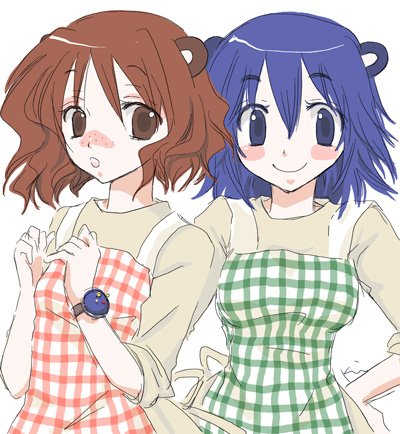 2girls, animal_crossing, animal_ears, apron, asami_(doubutsu_no_mori), blue_eyes, blue_hair, blush