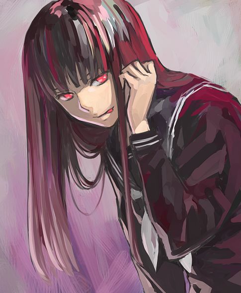 1girl, :p, adjusting_hair, atlach-nacha, b_suke, bangs, black_hair, blunt_bangs