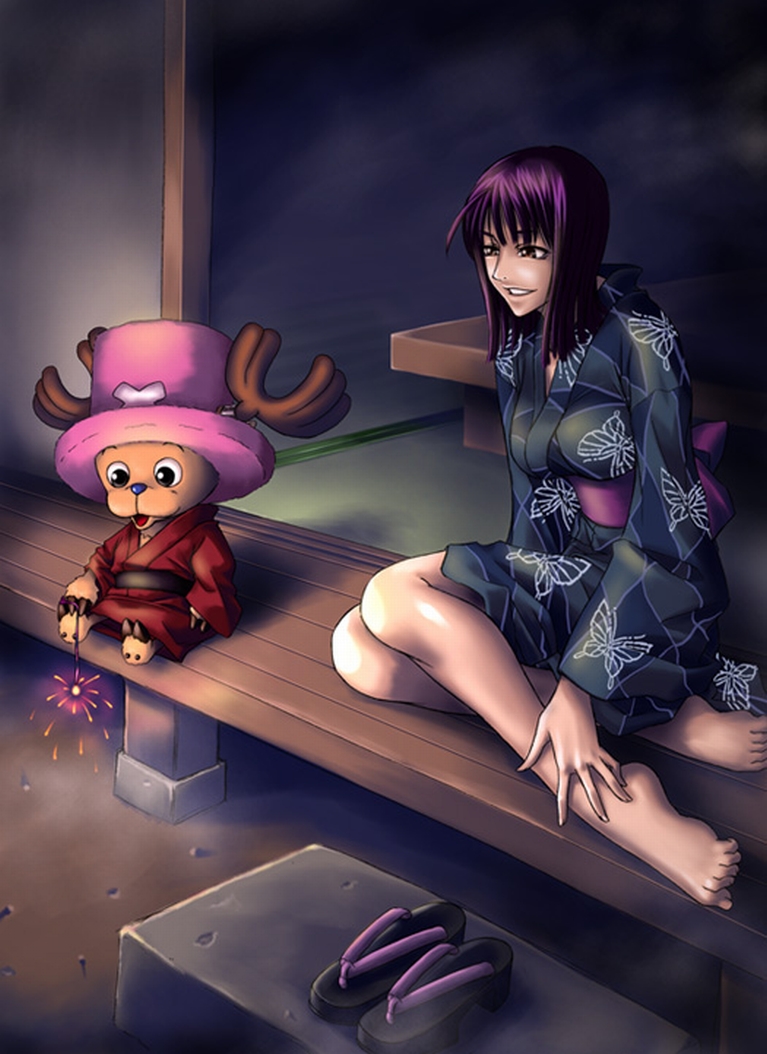1girl, barefoot, black_hair, female, fireworks, fuzzy_hat, hat, japanese_clothes, kimono, nico_robin, one_piece, pink_hat, porch, reindeer, sandals, sitting, smile, tony_tony_chopper, top_hat, yukata