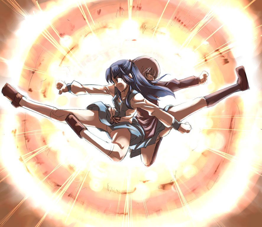 2girls, asakura_ryouko, flying_kick, hokuto_hiei_ken, hokuto_no_ken, kicking, multiple_girls, nagato_yuki