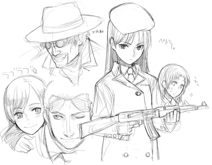 00s, 2boys, 2girls, ak-47, assault_rifle, gun, gunslinger_girl, hat