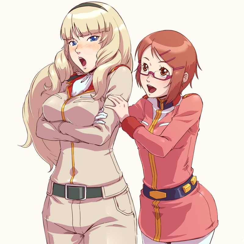 anne-marie, blonde_hair, blue_eyes, blush, breast_hold, brown_eyes, cecile_medichi, earrings