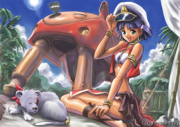 1girl, 90s, armband, bandeau, bandeau_bikini, bracelet, dark_skin, earrings, fushigi_no_umi_no_nadia, gainaxtop, gratan, green_eyes, hiroyasu, jewelry, king_(nadia), lion, loincloth, midriff, nadia, neck_ring, pelvic_curtain, pendant, purple_hair, short_hair, strapless, tubetop, vest