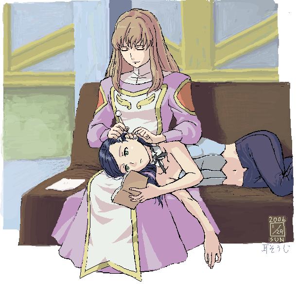 2girls, book, cpt, ear_cleaning, ikeda_(cpt), lap_pillow, mimikaki, multiple_girls
