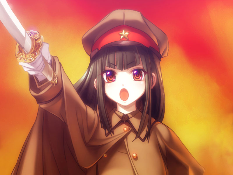 1girl, black_hair, game_cg, gloves, hanachirasu, hat, imperial_japanese_army, ishima_kaigen