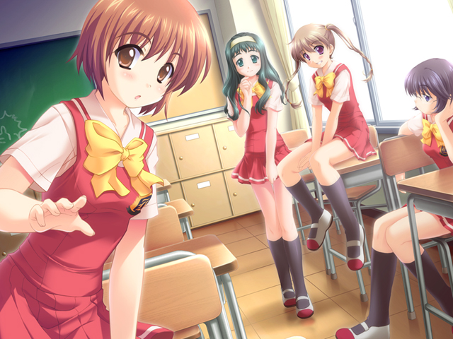 4girls, :d, black_hair, black_legwear, bow, bowtie, brown_eyes, brown_hair