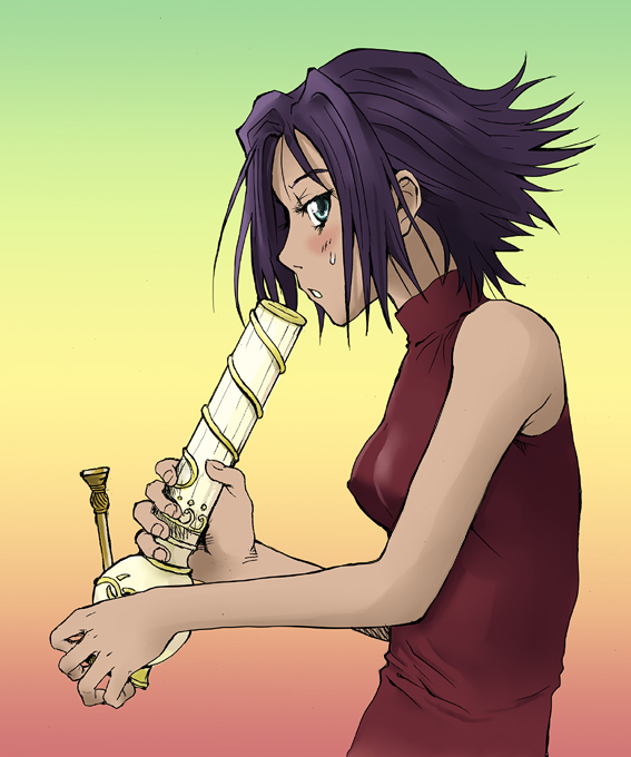 1girl, bare_shoulders, blue_eyes, bong, purple_hair, short_hair, simoun, sleeveless, sleeveless_turtleneck, solo, sweat, tamaoki_benkyou, turtleneck, vyuura