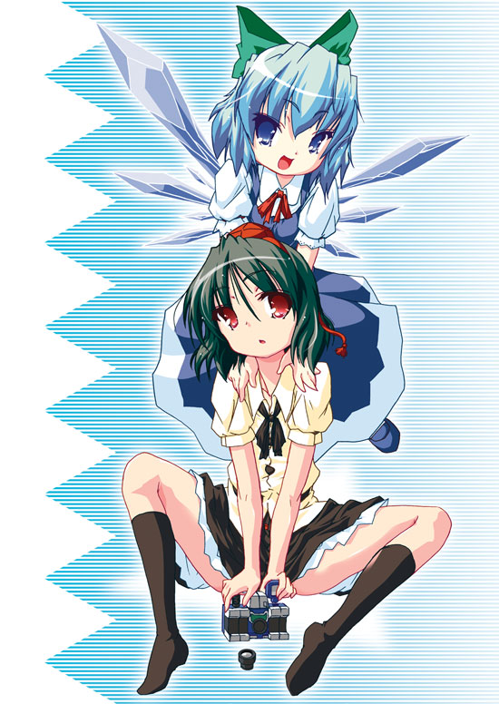 2girls, :d, :o, bangs, black_hair, blue_eyes, blue_hair, bow, brown_legwear, camera, cirno, crossover, decepticon, dress, female, flat_chest, flying, footwear, gradient, gradient_background, hair_between_eyes, hair_bow, hands_on_shoulders, hat, kneehighs, looking_at_viewer, mecha, miniskirt, multiple_girls, naitou_satoshi, neck_ribbon, open_mouth, red_eyes, reflector, reflector_(transformers), ribbon, shameimaru_aya, shirt, shoes, short_hair, sitting, skirt, smile, socks, spread_legs, striped, striped_background, tokin_hat, touhou, transformers, wings
