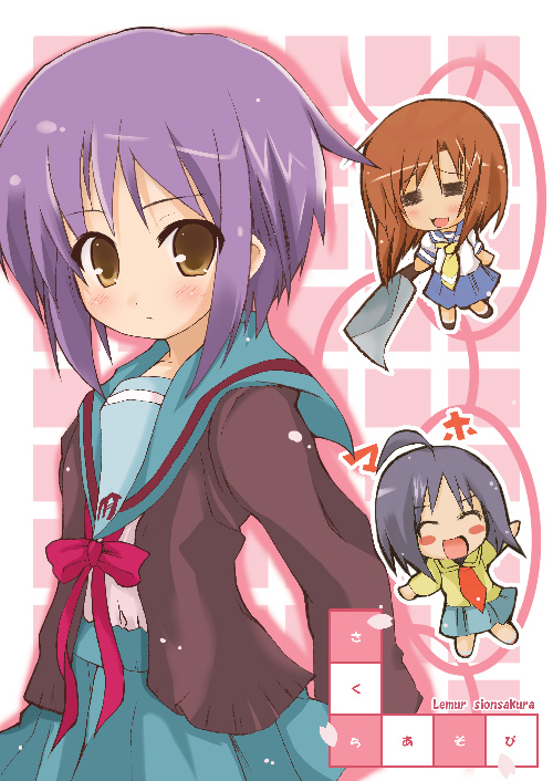 3girls, =_=, ^_^, ^o^, ahoge, arm_up, blazer, blue_skirt