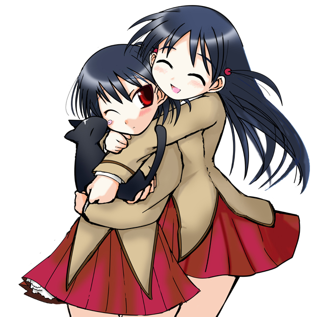 00s, 2girls, ^_^, bangs, black_cat, black_hair, blush, cat