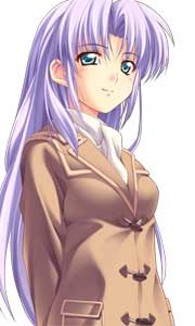 1girl, coat, dear_my_friend, green_eyes, kusukusu, lowres, nagamura_saeka, purple_hair, solo