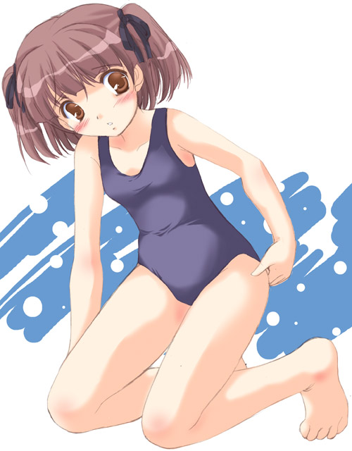 1girl, :o, adjusting_clothes, adjusting_swimsuit, aihara_nana, barefoot, blush, brown_eyes
