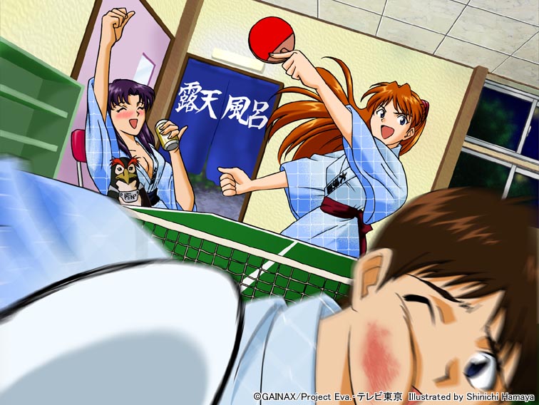 1boy, 2girls, age_difference, bird, blush, breasts, cleavage, dutch_angle, hamaya_shin'ichi, happy, ikari_shinji, indoors, japanese_clothes, katsuragi_misato, kimono, long_hair, looking_at_viewer, multiple_girls, neon_genesis_evangelion, open_mouth, paddle, penguin, penpen, shinichi_hamaya, short_hair, smile, souryuu_asuka_langley, table_tennis, table_tennis_paddle, wince, yukata