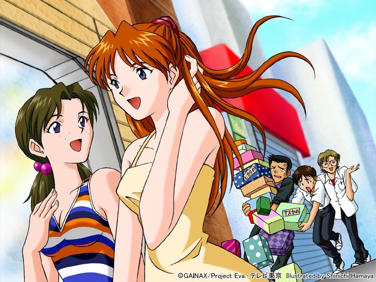 2girls, 3boys, aida_kensuke, brown_hair, dress, freckles, hair_ornament, hamaya_shin'ichi, horaki_hikari, ikari_shinji, multiple_boys, multiple_girls, neon_genesis_evangelion, redhead, shinichi_hamaya, souryuu_asuka_langley, suzuhara_touji, twintails, yellow_dress