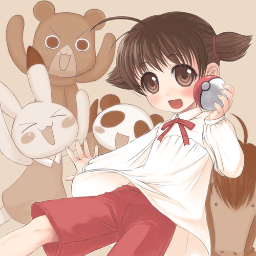 1girl, animal, animal_yokochou, bear, brown_eyes, brown_hair, child, crossover