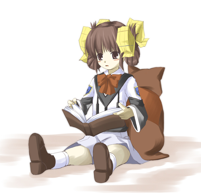 00s, 1girl, blush, book, bow, brown_eyes, brown_hair, child