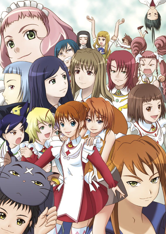 6+girls, :d, ahoge, akane_soir, arika_yumemiya, arm_grab, arms_up, bird