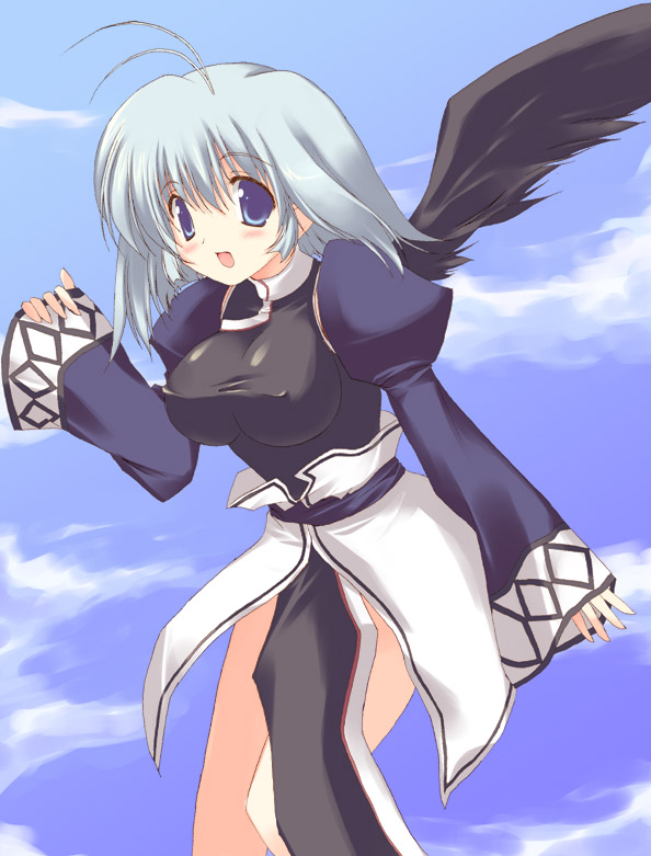 1girl, :d, antenna_hair, bangs, blue_eyes, blush, breasts, clouds