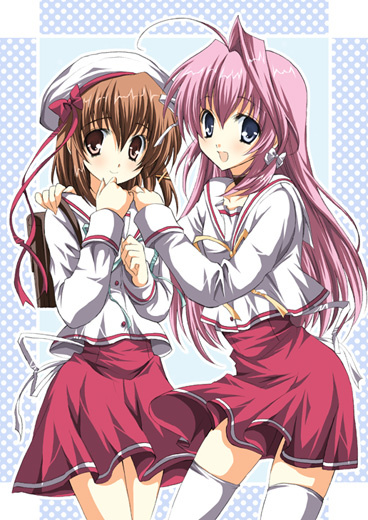 2girls, blue_eyes, brown_eyes, brown_hair, fukamine_riko, gift, gift_(game), gift_eternal_rainbow