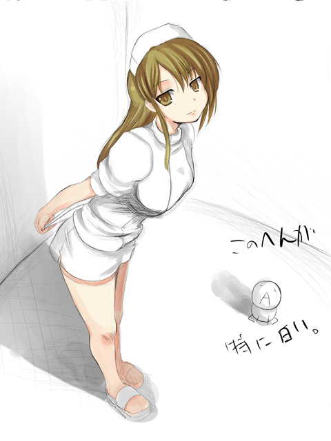 1girl, arm_behind_back, brown_eyes, brown_hair, exif_thumbnail_surprise, from_above, hat, higurashi_no_naku_koro_ni