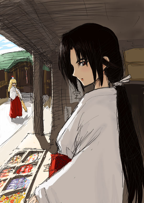black_hair, fujiki_shun, japanese_clothes, long_hair, miko, sketch