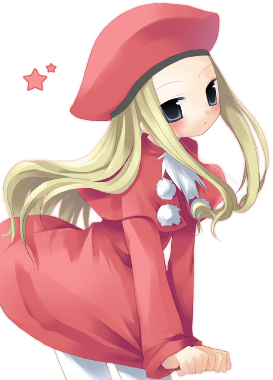 1girl, belfraw, belfraw_martini, blonde_hair, blush, cowboy_shot, expressionless, grey_eyes