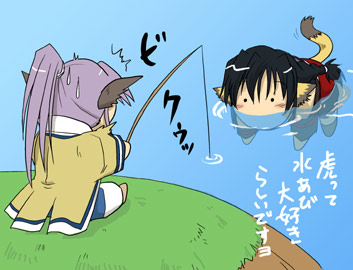 2girls, animal_ears, blush, chibi, fishing, head_wings, karura_(utawareru_mono), kurotani_kyoukutsu, long_hair, lowres, multiple_girls, ponytail, purple_hair, sweatdrop, swimming, tail, touka_(utawareru_mono), translated, utawareru_mono