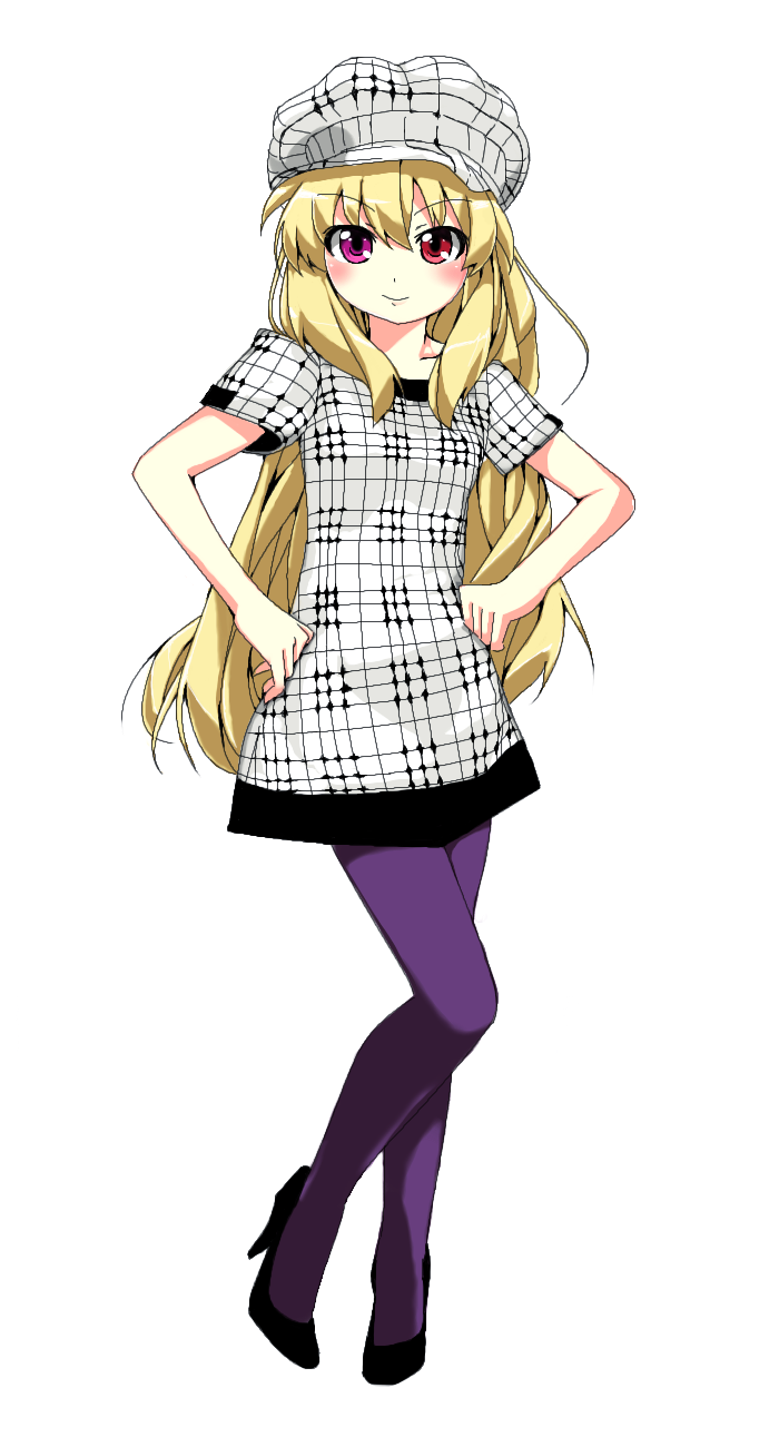 fashion, grune, grune_(artist), hands_on_hips, hat, heterochromia, high_heels, highres