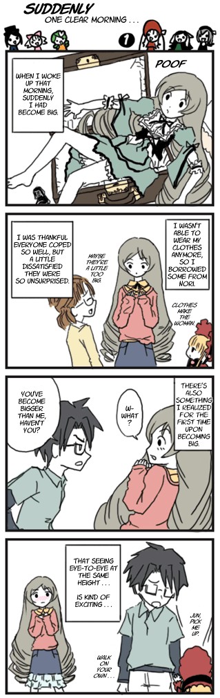 00s, 1boy, 3girls, 4koma, blonde_hair, comic, heterochromia, long_image