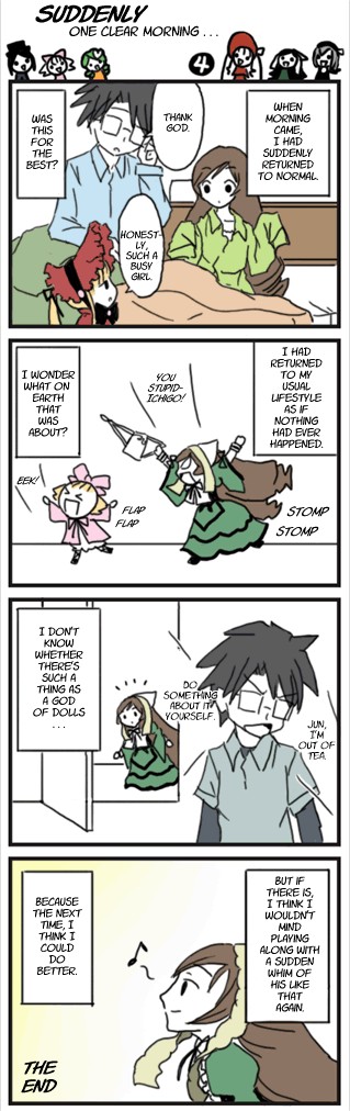00s, 1boy, 3girls, 4koma, blonde_hair, blow, brown_hair, comic