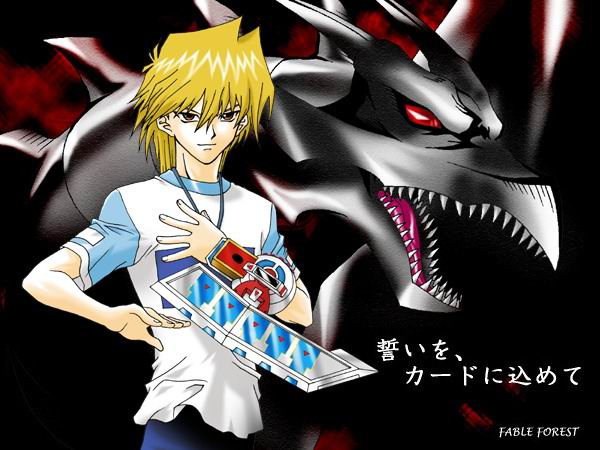 1boy, duel, duel_disk, duel_monster, jounouchi_katsuya, male_focus, pile_of_cards, red-eyes_b._dragon