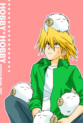 00s, 1boy, 2002, brown_eyes, dated, denim, duel_monster, green_shirt, head_perch, jeans, jounouchi_katsuya, male_focus, pants, pink_background, scapegoat, shirt, sitting, solo, soyogo_iwaki, stray_lambs, yu-gi-oh!, yuu-gi-ou_duel_monsters