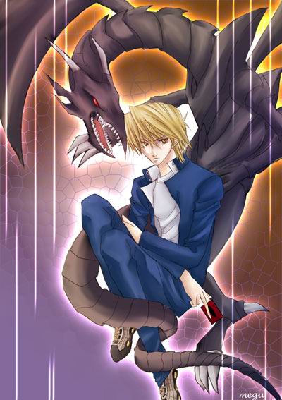 1boy, card, dragon, duel_monster, holding, holding_card, jounouchi_katsuya, male_focus
