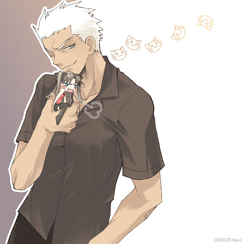 00s, 1boy, 1girl, 2006, archer, black_hair, black_legwear, black_shirt, blue_eyes, carrying, cat, dark_skin, dark_skinned_male, fate/stay_night, fate_(series), grey_eyes, lowres, minigirl, one_eye_closed, riku_r, shirt, simple_background, smirk, thigh-highs, tohsaka_rin, twintails, watermark, white_hair