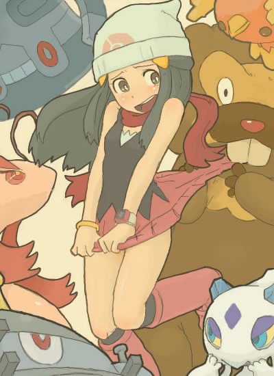 1girl, bibarel, blue_hair, blush, boots, bracelet, bronzong, brown_eyes, froslass, hair_ornament, hairclip, hat, hikari_(pokemon), jewelry, long_hair, magnezone, milotic, pokemon, pokemon_(creature), poketch, scarf, sexual_dimorphism, skirt, skirt_lift, torchic, watch, wristwatch, yuuna_(alexi)