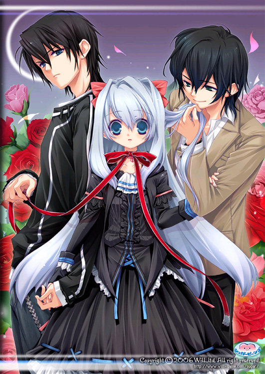 1girl, 2boys, ashe_(under_the_moon), black_hair, blue_eyes, blue_hair, dress, flower