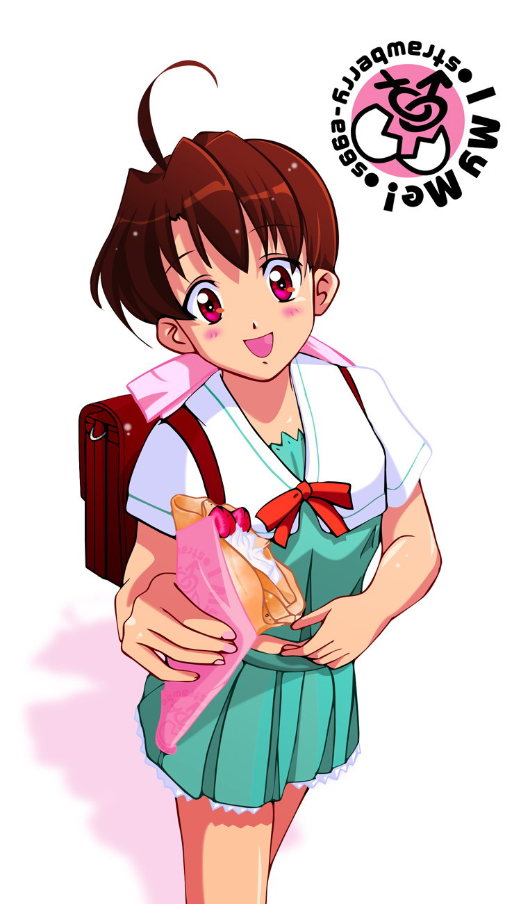 00s, 1girl, ahoge, backpack, bag, brown_hair, food, highres, i_my_me_strawberry_eggs, kuzuha_fuuko, randoseru, school_uniform, serafuku, solo