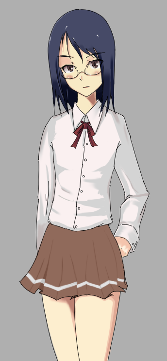 1girl, black_hair, blouse, brown_eyes, brown_skirt, cowboy_shot, glasses, grey_background