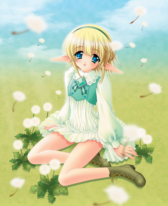 annette, annette_vaslois, blonde_hair, boots, carnelian, dandelion, elf, flower