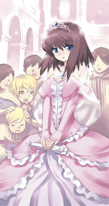 1girl, 2boys, bare_shoulders, blue_eyes, breasts, brown_hair, cleavage, closed_fan, crown, dress, fan, folding_fan, gown, guiche_de_gramont, hat, henrietta_de_tristain, multiple_boys, official_art, princess, tiara, usatsuka_eiji, zero_no_tsukaima