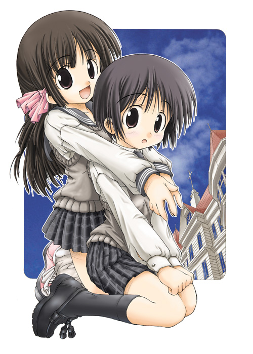 2girls, :d, :o, black_hair, brown_eyes, brown_hair, hug, hug_from_behind